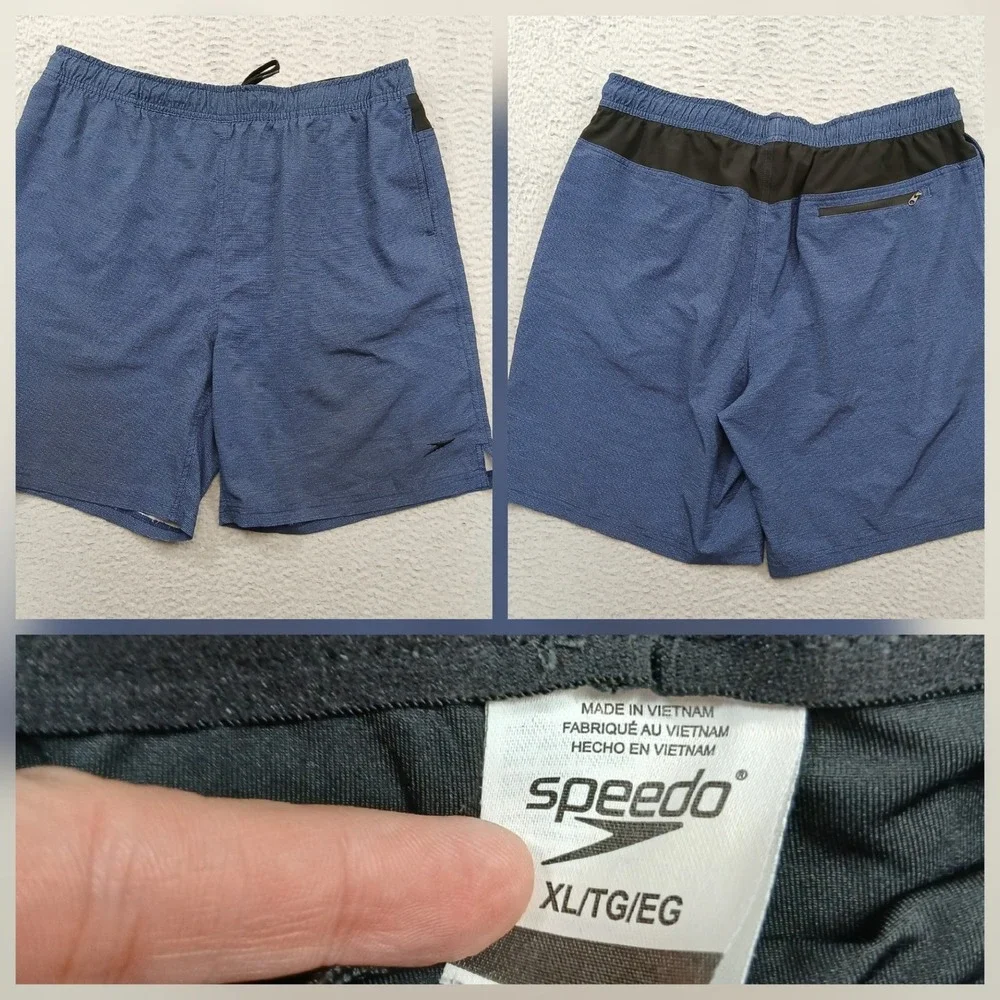 Speedo Swim Shorts Men's XL‎ Blue Elastic Waist Zip Pocket
